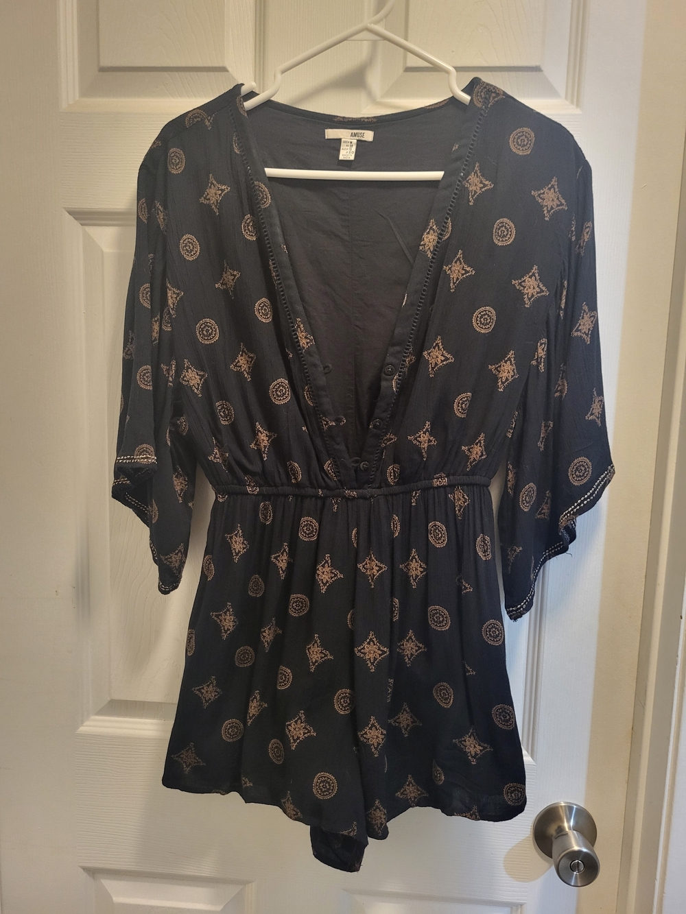 Amuse Society Black Romper with Tan Geometric Print